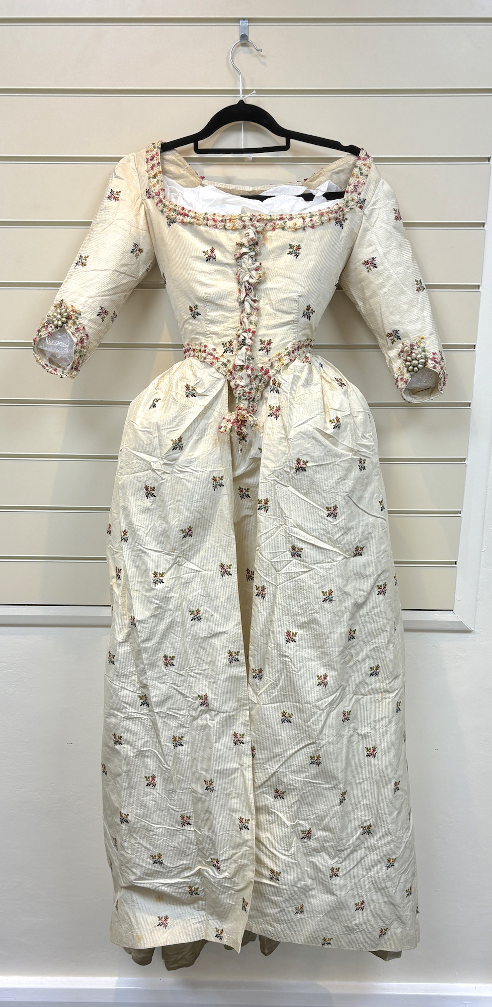 A rare 18th century, possibly Spitalfields, cream silk ladies dress, circa 1770-1780, made in the English style